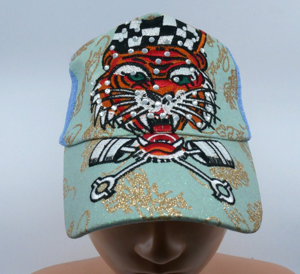Don Ed Hardy Y2K VTG Tattoo Wear Tiger Embellished Trucker Hat Mesh Embroidered